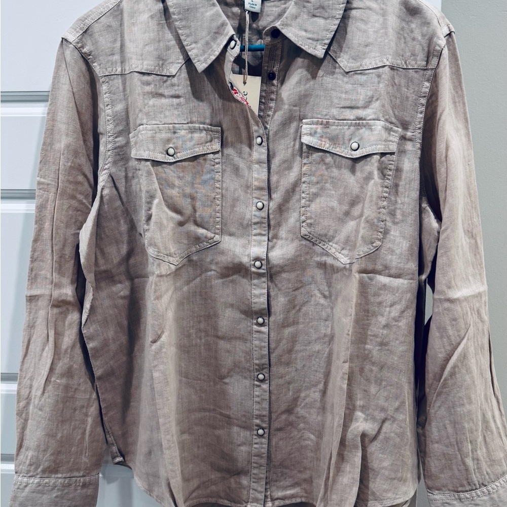 Sundance Women’s Willow Linen With Pearl Snap Blouse in color Tan Size L